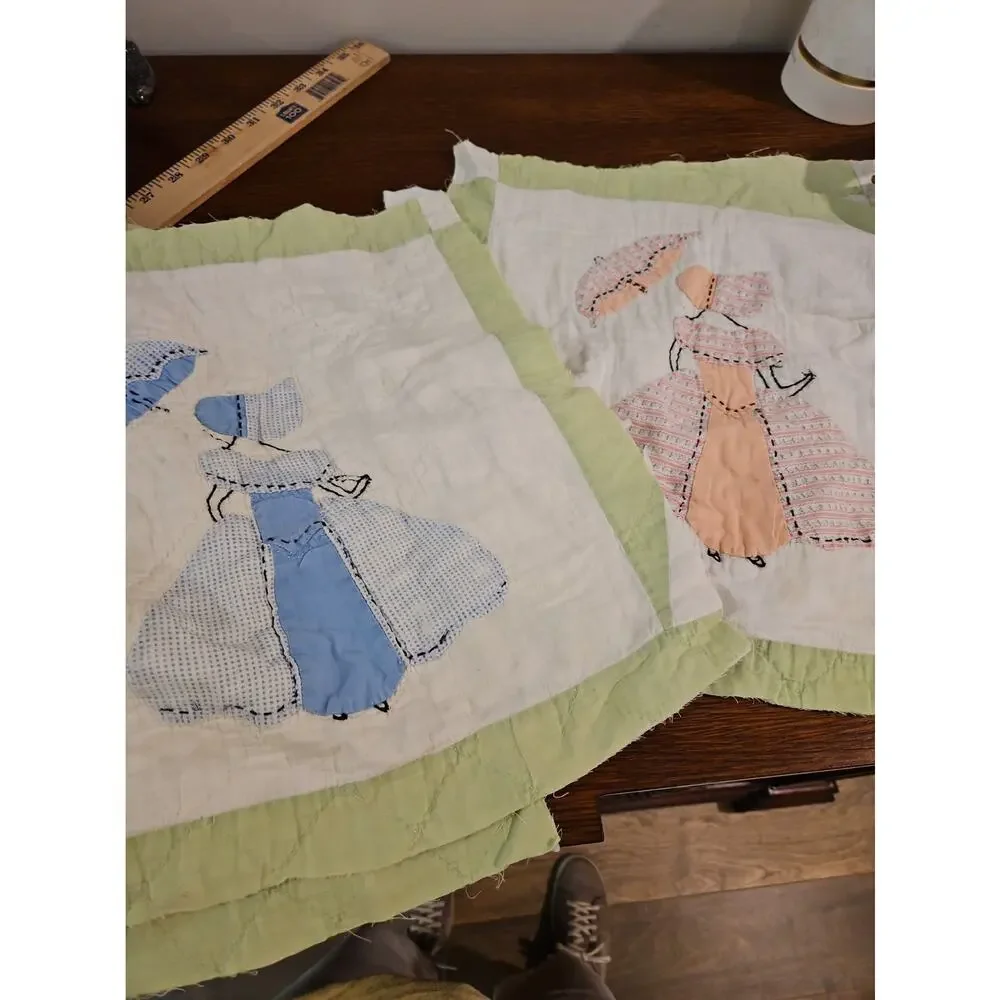 10 Vtg Sunbonnet Sue Parasol Southern Belle Applique Quilt Blocks Hand Stitched
